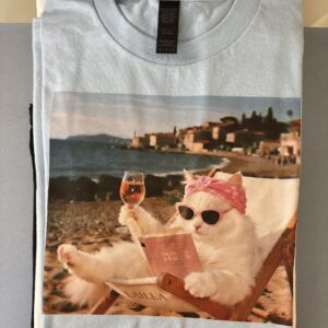 Od ręki - kot na plaży - koszulka baby blue -  rozmiar M